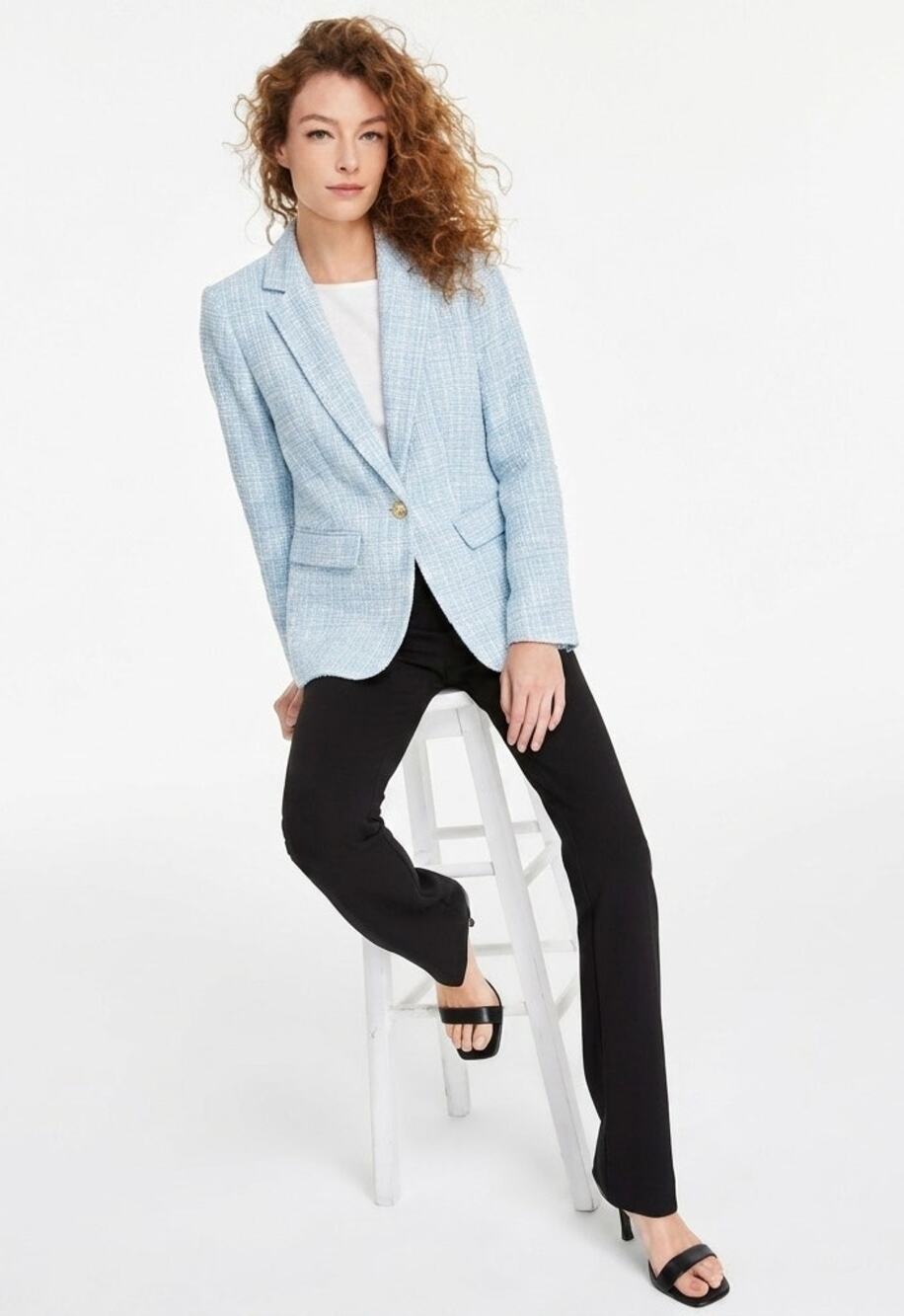 Anne Klein Pastel Blue Bouclé Tweed Blazer XS Light Academia Office Preppy Chic